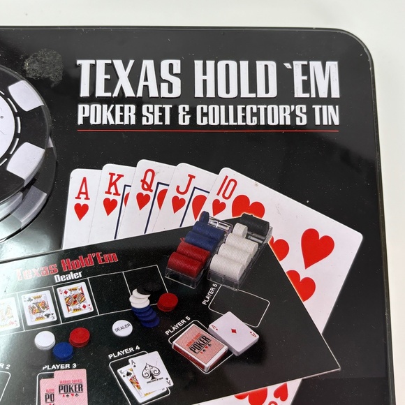 World Series of Poker Texas Hold 'Em Poker Set in Tin Chips Cards Felt Surface - Picture 2 of 6